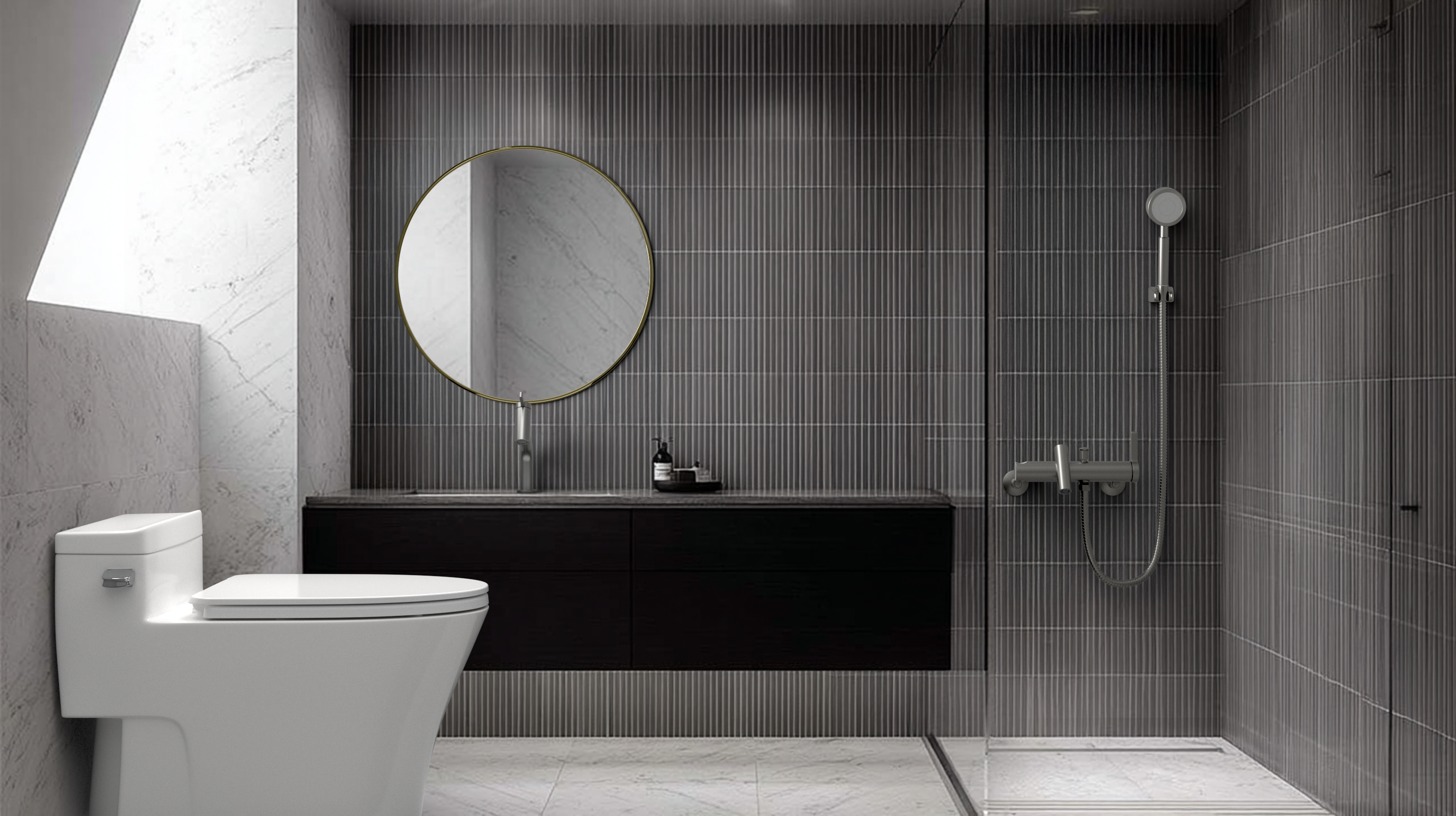 모던 다크 톤으로 완성한 세련된 욕실 공간인 그리세아(GRISEA)